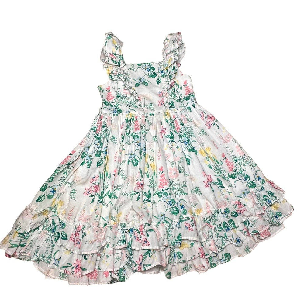Janie and Jack Floral Ruffle Dress Girls 6 White Excellent Tiered Garden Party